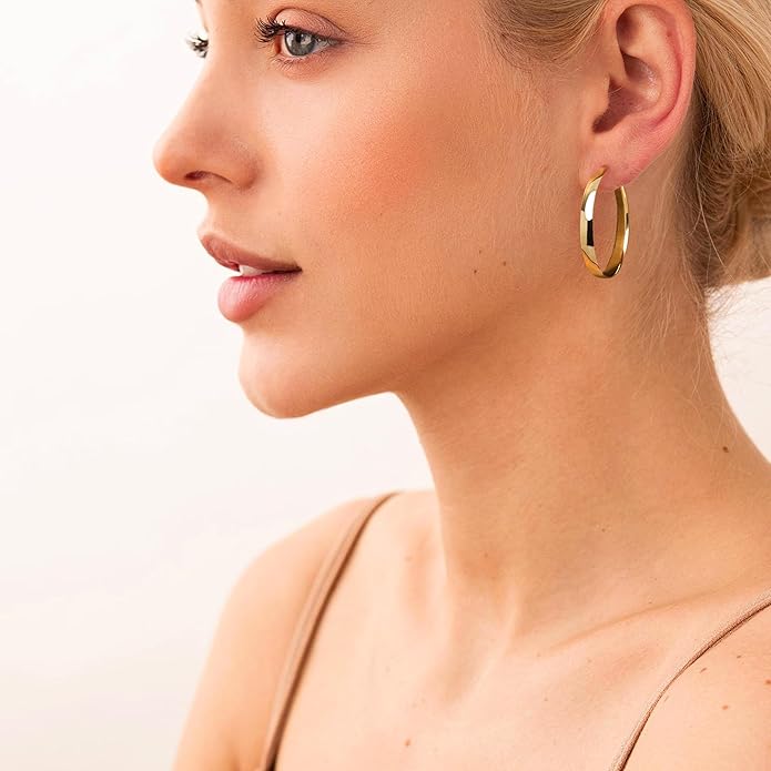 EXGOX 5mm Wide Gold Hoop Earrings for Women,Sterling Silver Hoop Earrings Large Silver Hoop Earrings Hypoallergenic Lightweight 14K Real Gold Plated Big Hoop Earrings for Women 30/40/50/60/70mm