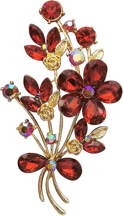 YOQUCOL Red Colour Zircon Crystal Poppy Flower Bouquet Shape Brooch Pins for Woman Gift