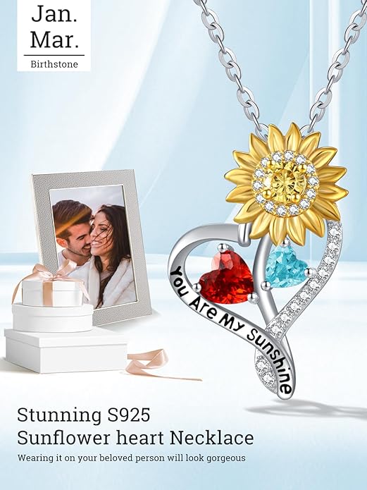 Zeuslia Double Birthstone Necklace Gifts for Wife - 925 Sterling Silver Sunflower/Rose/Crown Cross/Compass/Heart Pendant I Love You Necklace, Anniversary Birthday Gifts for Wife Girlfriend Mom Her