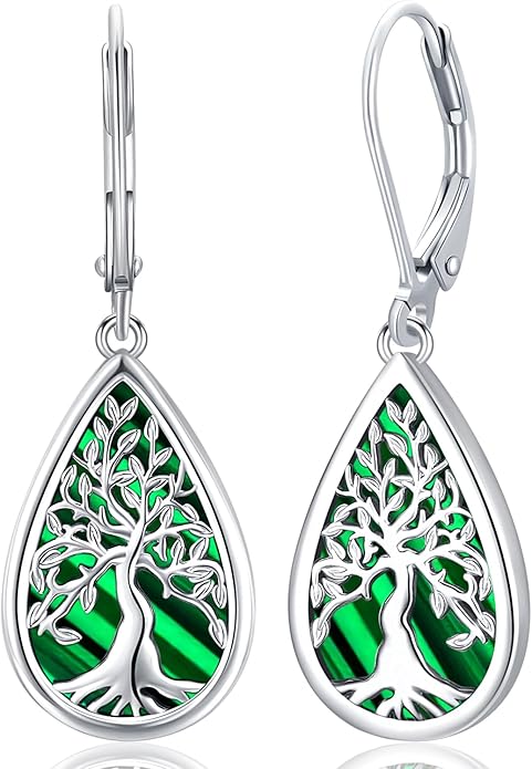 Tree of life Dangle Earrings Sterling Silver Moonstone/Turquoise/Malachite Earrings for Women Filigree Leverback Earrings Jewelry Gifts