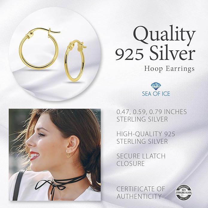 SEA OF ICE 925 Sterling Silver Hoop Earrings for Women - Hypoallergenic Earrings for Women in Sterling Silver, Yellow Gold, Rose Gold or Black Rhodium | Sizes 12MM, 15MM, 20MM or Multipack