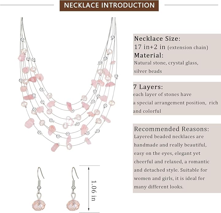 Multi-Layer Boho Shell Beaded Necklace for Women Colorful Crystal Strand with Silver Beads Statement Collars Necklace and Earrings Costumes Jewelry Sets for Women