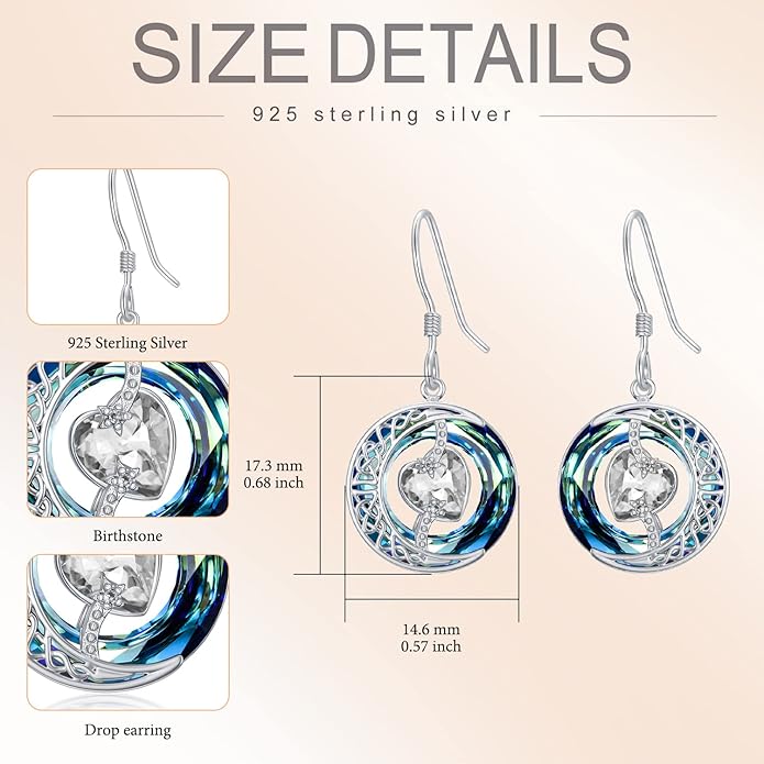 TOUPOP Birthstone Earrings for Women 925 Sterling Silver Moon and Star Dangle Earrings with Blue Crystal BirthdayJewelry Christmas Gifts for Women