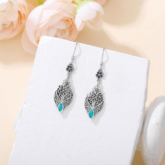 Vintage Floral Filigree Marquise Cut Gemstone Drop Earrings, 925 Sterling Silver Antique Dangle Earrings, Boho Jewelry Gift for Women