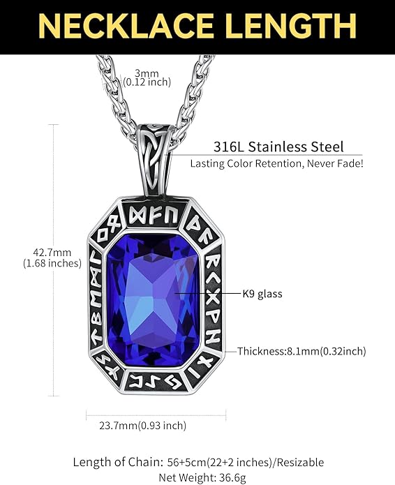 ChainsHouse Viking Rune Pendant Necklace for Men Women, Punk Biker Black Metal/316L Stainless Steel Onyx Norse Vintage Amulet Necklaces with Black/Red/Green/Blue Gemstone, Send Gift Box