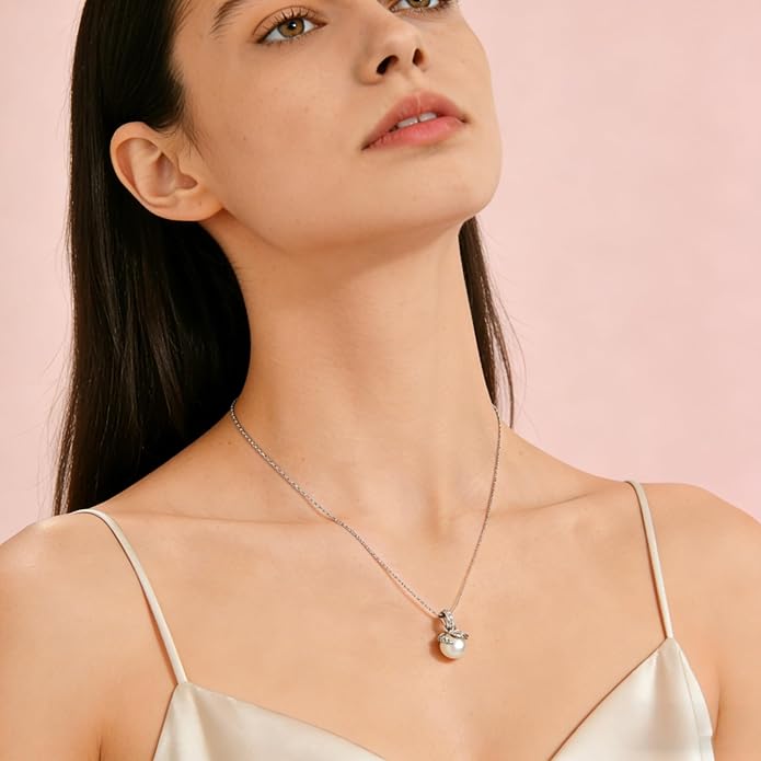 Fahonie Pearl Necklace for Women 925 Sterling Silver Pearl Drop Pendant Necklace Dainty Pearl Necklace with CZ Birthday Anniversary Jewelry Gifts for Wife Her