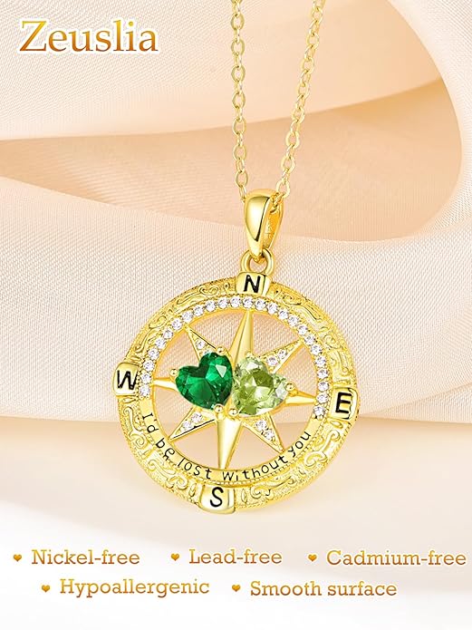 Zeuslia Double Birthstone Necklace Gifts for Wife - 925 Sterling Silver Sunflower/Rose/Crown Cross/Compass/Heart Pendant I Love You Necklace, Anniversary Birthday Gifts for Wife Girlfriend Mom Her
