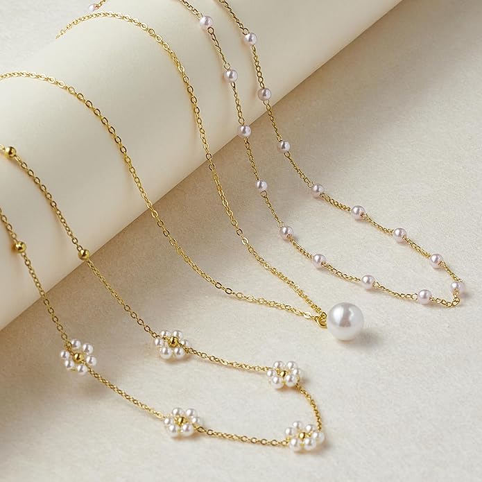 YOUNGGRACE 14K Gold Plated Pearl Flower Necklace Set for Women, Elegant Daisy & Layered Choker - Trendy gold necklaces for women, pearl accessories, layered gold necklace, dainty jewelry Gift for Her