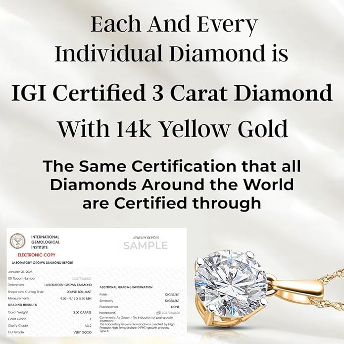 IGI Certified 0.5–4 Carat Lab Grown Diamond Solitaire Pendant Necklace (E-F Color VS Clarity) Solid 14K Gold / Platinum / Sterling Silver 20" Chain Anniversary Jewelry for Women Gifts