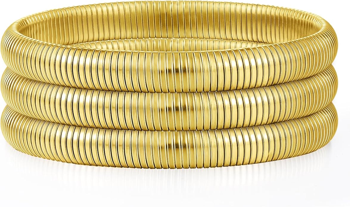 Emibele Gold Bangles Bracelet Set for Women, 18K Gold Plated Chunky Stainless Steel Non Tarnish Stretch Bracelet Stack, Flexible Wide Wristband Bangle Layered Snake Chain Bracelets