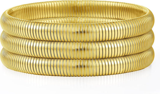 Emibele Gold Bangles Bracelet Set for Women, 18K Gold Plated Chunky Stainless Steel Non Tarnish Stretch Bracelet Stack, Flexible Wide Wristband Bangle Layered Snake Chain Bracelets