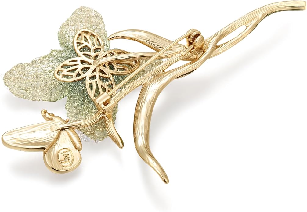 Handmade Embroidery Flower Brooch Pins for Women, SHE'S FREE STYLE JUST FOR YOU Luxury Gradient Stitching Floral Brooch Pins with Crystal stamen, Enamel Metal Butterfly with Green Leaves, Hand Dripping Oil Jewelry pins