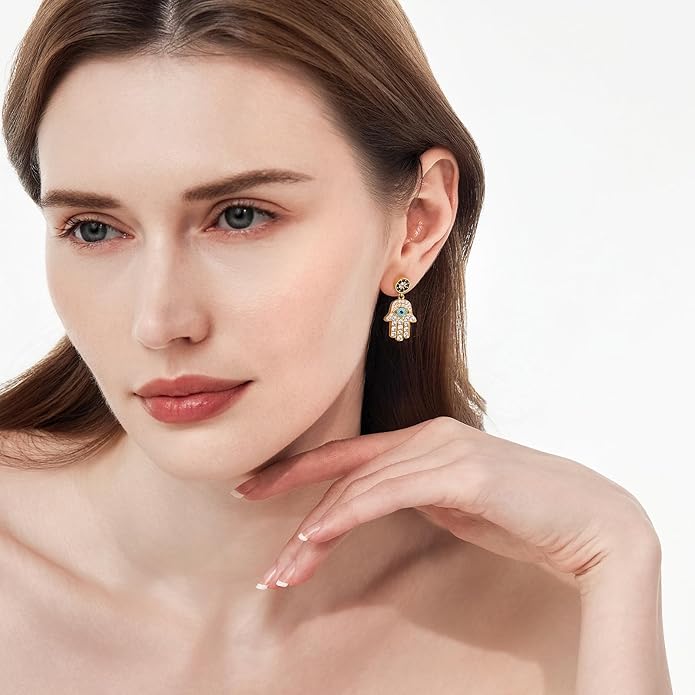 Cicy Bell Womens Evil Eyes 18k Gold Plated Dangle Earrings Hamsa Hand Turquoise Cubic Zirconia Elegant Drop Earrings Trendy Jewelry Gifts for Lover Mom Friends