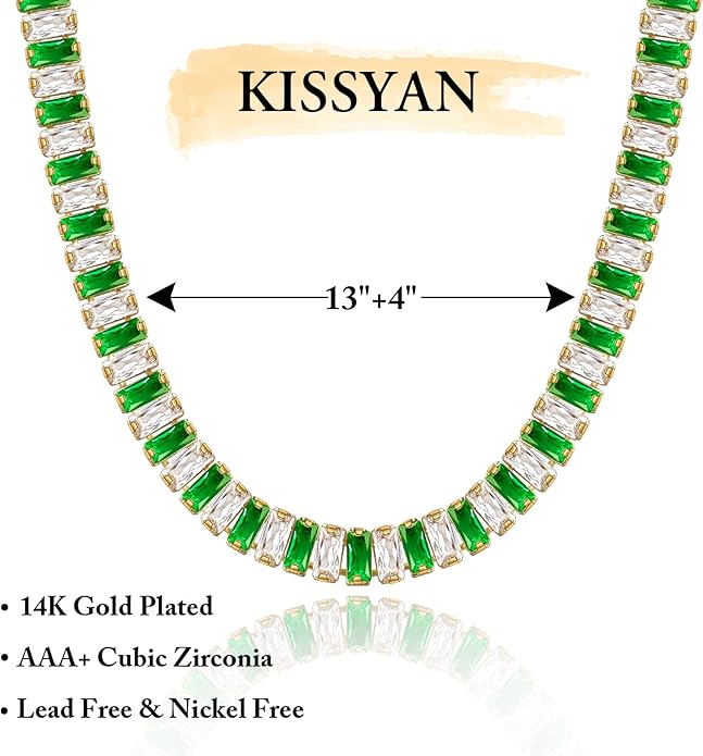 KissYan Diamond Tennis Necklace for Women, 14K/White Gold Plated Cubic Zirconia Baguette Tennis Chain Chunky Paperclip Link Cuban Choker Necklace Dainty Jewelry Gifts