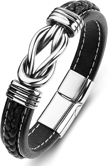 Mens Leather Bracelet,Braided Leather Wristband Cuff Bracelets Stainless Steel Clasp,Jewellery Gift for Men