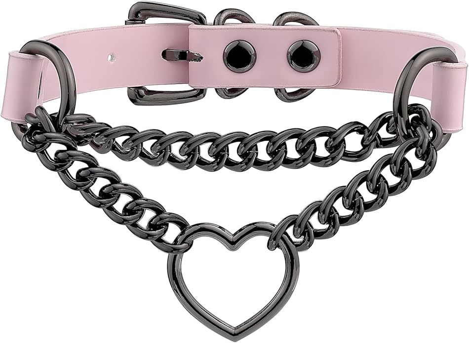 Black/Pink Leather Choker Necklace For Women, Handmade Adjustable Chain Collar with Metallic Heart Ring