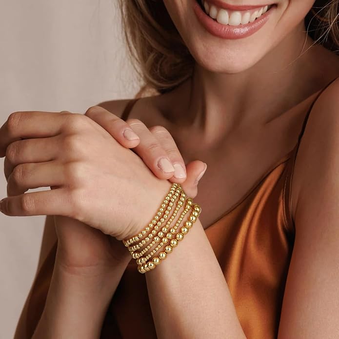 adoyi Gold Bracelets for Women Waterproof, 14K Gold Plated Beaded Strand Bead Ball Bracelets stack Adjustable Jewelry Set for Gifts