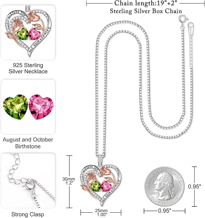Iefil Birthstone Necklace for Women - 925 Sterling Silver Rose Heart Birthstone Necklace Birthday Anniversary Jewelry Gifts for Her Wife Mom Daughter