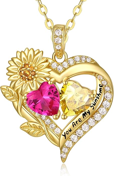 Sunflower Heart Necklace for Women 14K Gold Exquisite Anniversary Birthday Gifts for Wife Mother Her Double Birthstone Pendant jewelry‘You Are My Sunshine’