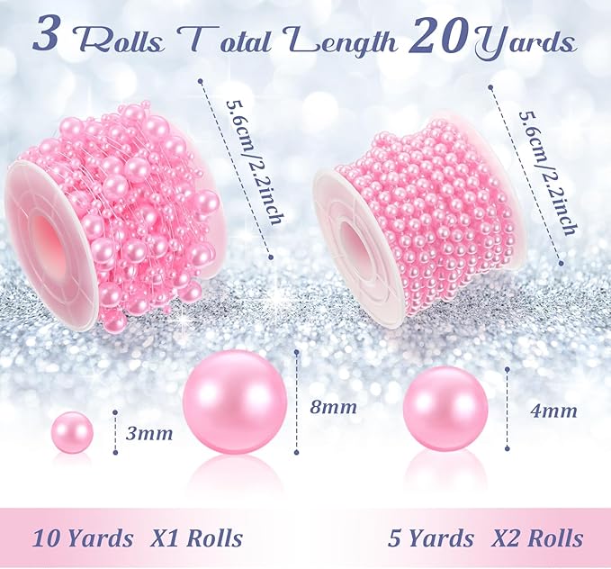 Bonuci 3 Rolls 66 Feet Pearls String Garland Faux Pearl Garland Spool Roll Strand Decoration Artificial Beads Chain Trim for Crafting String of Flowers Valentine Wedding Party(Pink,4mm)