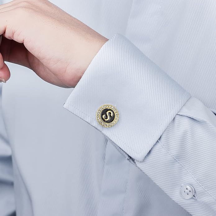 HAWSON A-Z Initial Cufflinks for Men and Women with Clear Crystal, Gold Silver Color Rasied Letter A-Z Cuff Links for French Shirt, Gift for Normal and Business Wearing