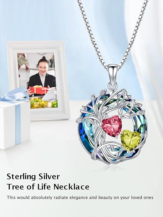 TOUPOP s925 Sterling Silver Family Celtic Tree of Life Pendant Necklaces with 2 Heart Birthstone with Blue Austrian Crystal Jewelry Birthday Anniversary Christmas Gifts for Her Wife Girlfriend Mom (18K Real White Gold Filled)