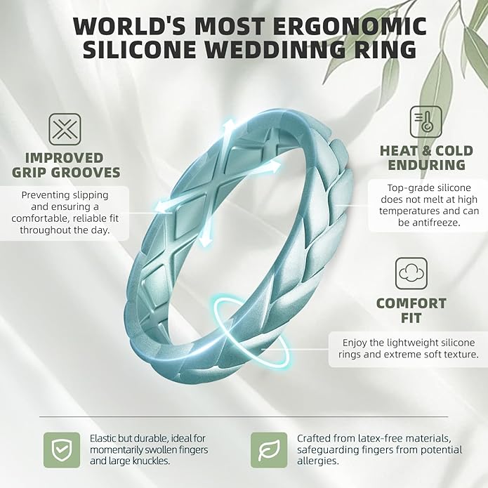 Egnaro Women's Silicone Stackable Rings 3.5mm Wide 2mm Thick, Rubber Flexible Hypoallergenic Wedding Bands For Workout Leaf Braided Fashion