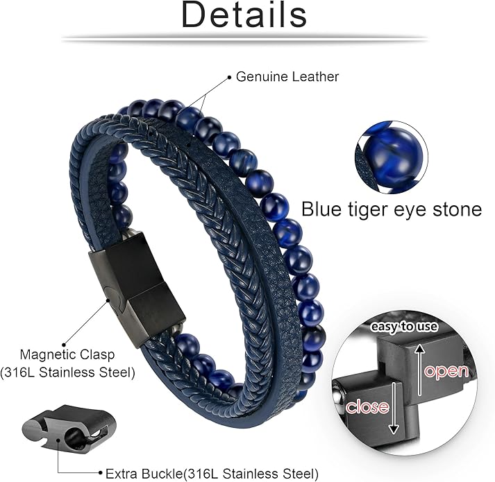 Gifts for Men - Layered Leather Beads Bracelet, Tiger Eye Lava Rock Stone Braided Leather Bracelets for Men Adjustable Magnetic Clasp Birthday Gifts