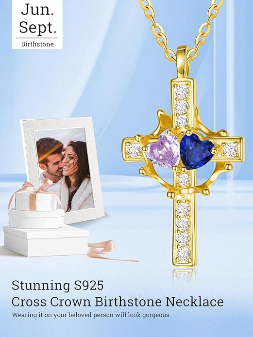Zeuslia Double Birthstone Necklace Gifts for Wife - 925 Sterling Silver Sunflower/Rose/Crown Cross/Compass/Heart Pendant I Love You Necklace, Anniversary Birthday Gifts for Wife Girlfriend Mom Her