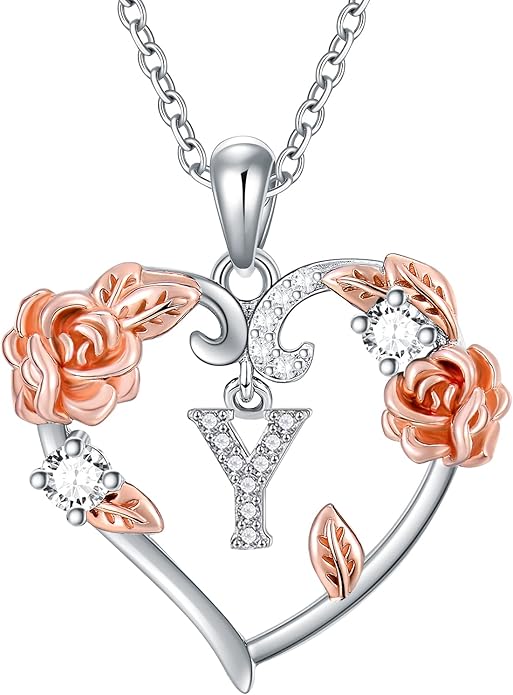AOBOCO Rose Heart Necklaces Valentines Gifts for Women, 925 Sterling Silver Rose Love Heart Initial Letter Pendant Necklace Jewelry Mothers Day Christmas Birthday Gifts for Her Mom Wife Girlfriend