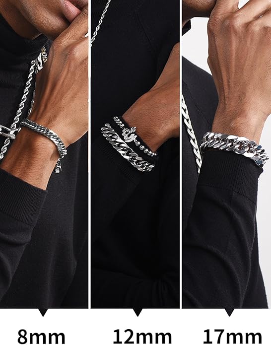 ChainsHouse Stainless Steel Cuban Link Bracelet, 8mm/12mm/17mm Width, 7.5"/8.3"/9", 18K Gold Plated Chain Wrist Bracelets for Men Women, Send Gift Box