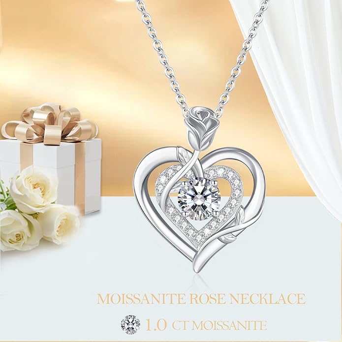 LAVUMO Moissanite Necklace for Women 925 Silver, 1 Carat Moissanite Diamond Double Heart Rose Pendant Christmas Valentines Day Anniversary Birthday Jewelry Gifts for Her Wife Girlfriend Mom