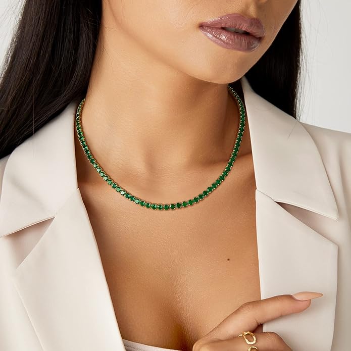 KissYan Diamond Tennis Necklace for Women, 14K/White Gold Plated Cubic Zirconia Baguette Tennis Chain Chunky Paperclip Link Cuban Choker Necklace Dainty Jewelry Gifts