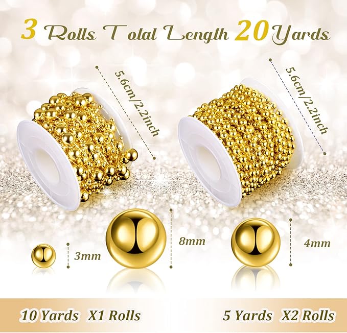 Bonuci 3 Rolls 66 Feet Pearls String Garland Faux Pearl Garland Spool Roll Strand Decoration Artificial Beads Chain Trim for Crafting String of Flowers Valentine Wedding Party(Gold,4mm)
