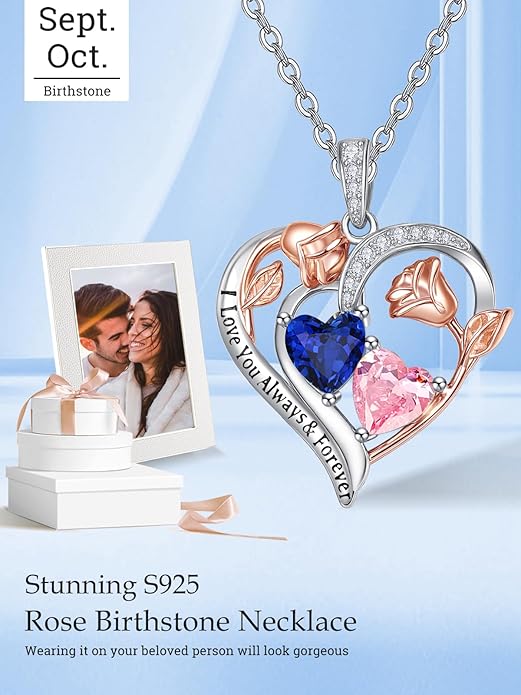 Zeuslia Double Birthstone Necklace Gifts for Wife - 925 Sterling Silver Sunflower/Rose/Crown Cross/Compass/Heart Pendant I Love You Necklace, Anniversary Birthday Gifts for Wife Girlfriend Mom Her