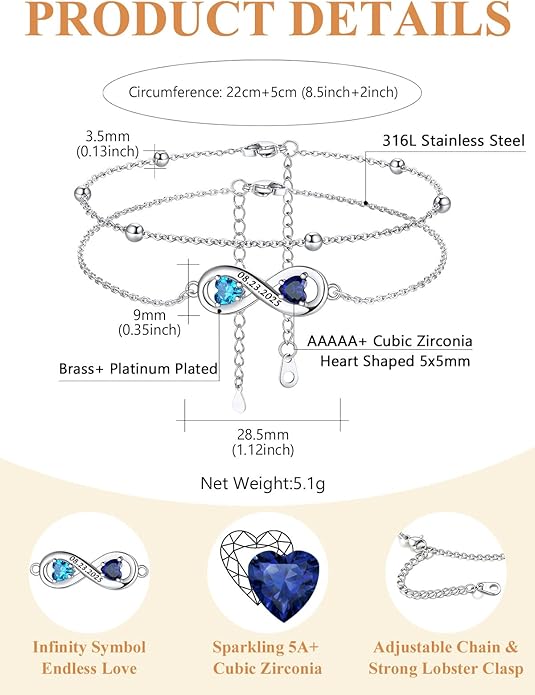 Custom4U Personalized Infinity Ankle Bracelets for Women 925 Sterling Silver Anklet Bracelet Endless Love Symbol Birthstone Charm Adjustable Foot Chain Jewelry Mothers Day Gifts for Mom Wife Women Her