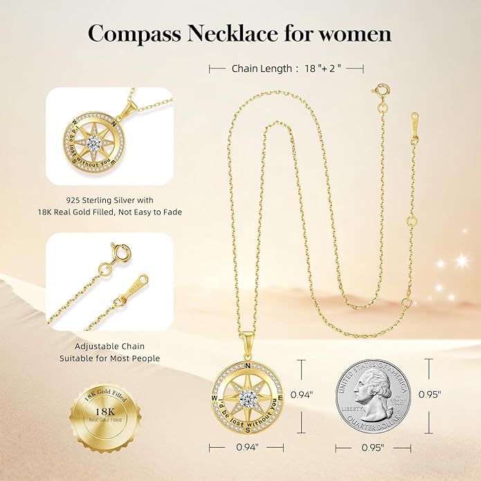 Mkhhy Compass Necklace for Women Jewelry For Her White Gold and Yellow Gold I'd Be Lost Without You(18k Real Gold Filled With S925)