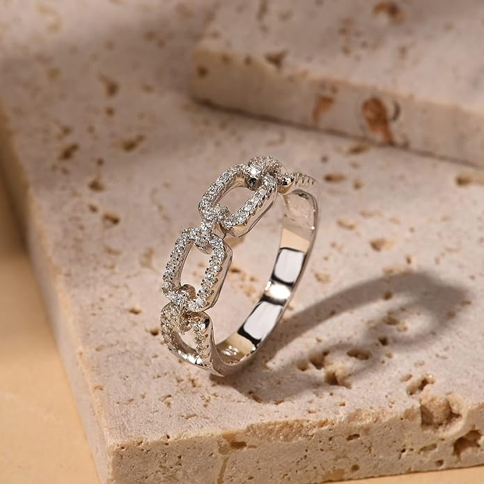 LAVALE Moissanite Wedding Band for Women,Twist Link D Color VVS1 Lab Created Diamond Rings,Half Eternity Stackable Band Ring,S925 Sterling Silver Chain Link Ring