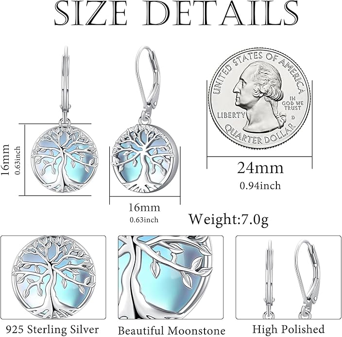 Tree of life Dangle Earrings Sterling Silver Moonstone/Turquoise/Malachite Earrings for Women Filigree Leverback Earrings Jewelry Gifts