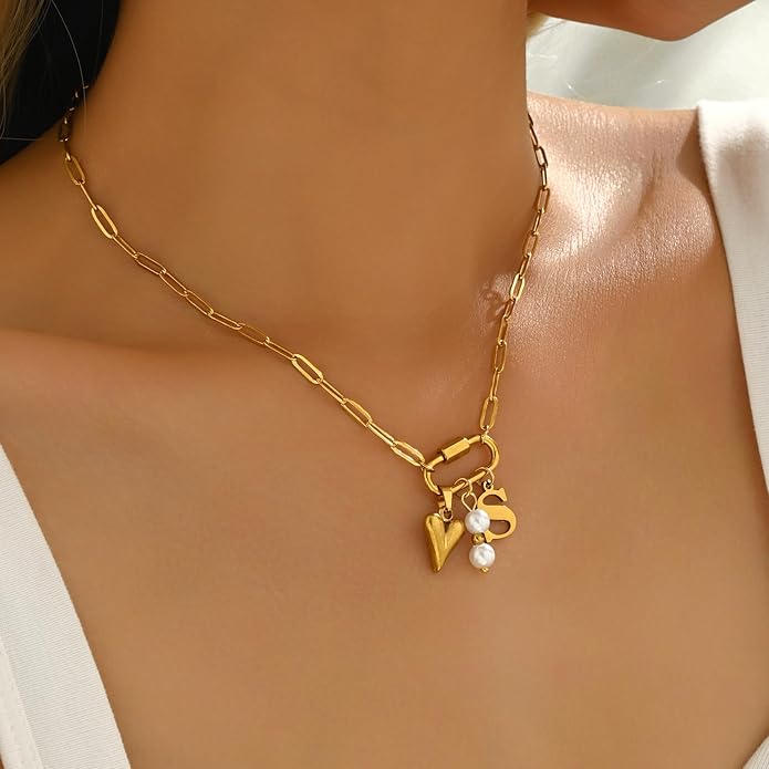 Gold Heart Initial Necklaces for Women 18K Gold Plated Dainty Pearl Letter Necklace Personalized Monogram Name A-Z Pendant Everyday Jewelry for Women