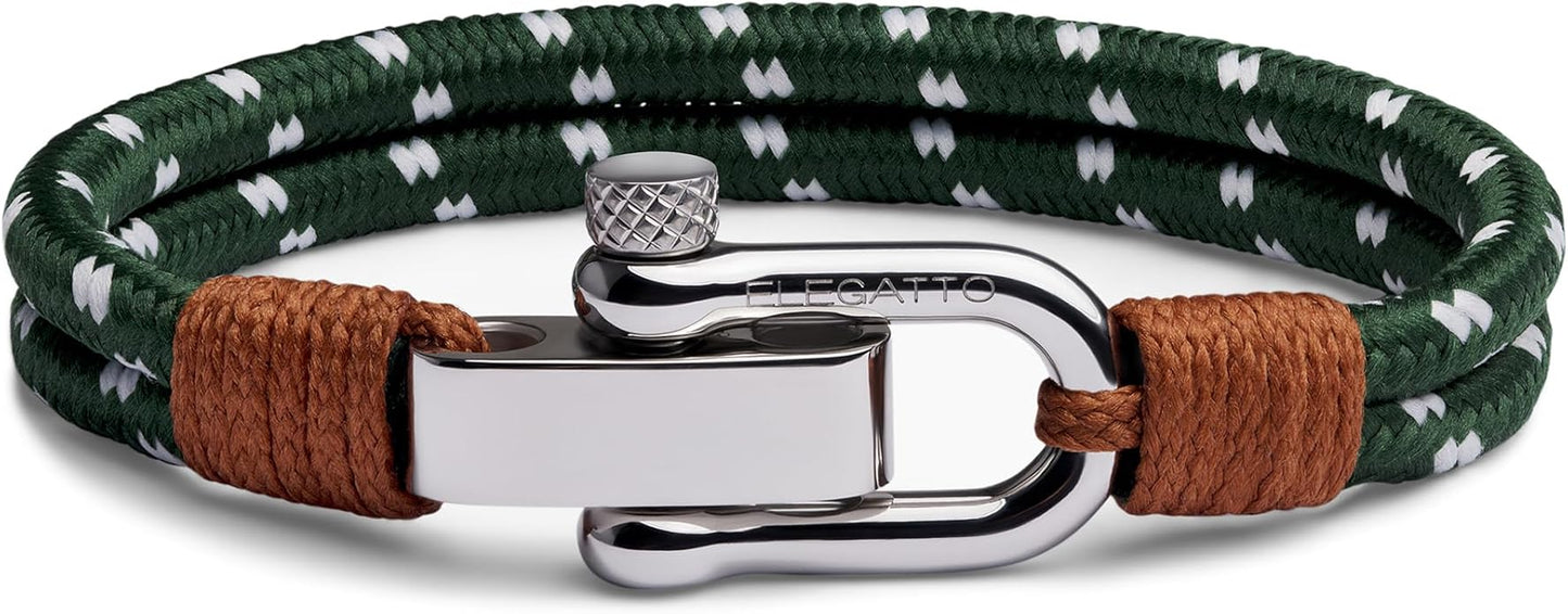 Elegatto Duetto Platinum Rope Bracelet for Men | Double Nautical Nylon Cord with Silver Polished Stainless Steel Shackle Clasp | Waterproof and Fade-Resistant