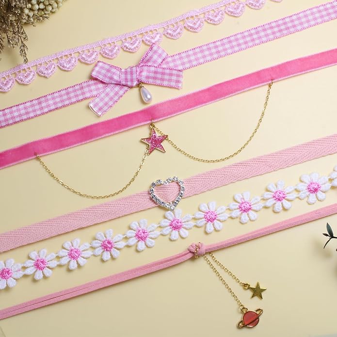 Nova&Aria Chokers Set For Women Heart Choker Necklaces Flower Pendant Velvet Cute Pink Turquoise Blue White Black Choker Necklace Christmas Colorful Lace Chokers