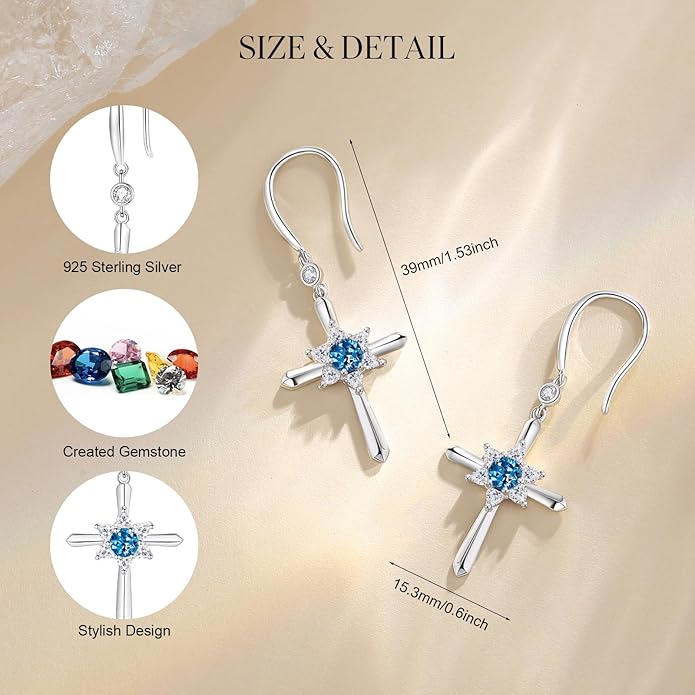 FANCIME Cross Dangle Drop Earrings 925 Sterling Silver Dainty Round Birthstone Earring Fine Jewelry Birthday Gifts for Her Women
