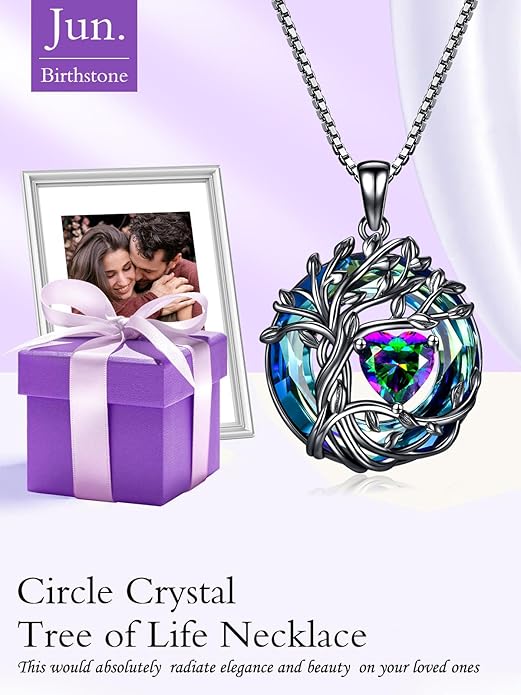 TOUPOP Christmas Gifts Tree of Life Birthstone Necklace 925 Sterling Silver Pendant Austrian Crystal Jewelry Anniversary Birthday Gifts for Women Mom Her Wife