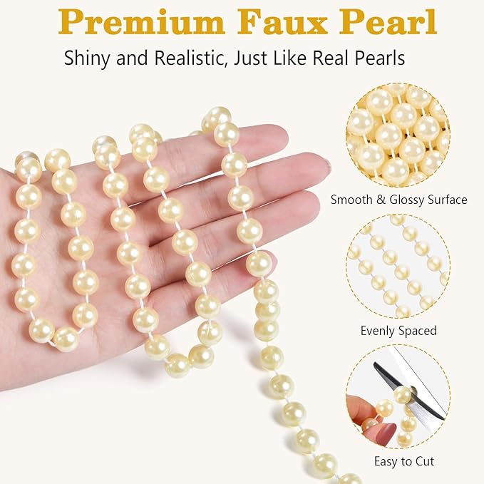33 Feet Faux Pearl Garland, 10mm Pearl String Roll Strands, Extended String of Pearls Garland for Christmas Tree Wedding Party Decoration Centerpieces Flowers DIY Crafts (Ivory)