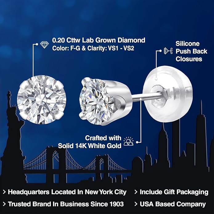 Gem Stone King 0.20 to 6 Cttw 14K Gold Lab Grown Diamond Stud Earrings | Gold Earrings For Women Men | E-F Color | VS1-VS2 Clarity