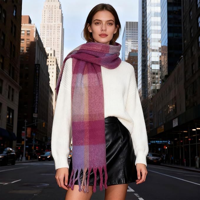 SHOHOKU Large Chunky Plaid Scarf Coloured Checked Oversized Scarf Tassel Soft Fall Winter Thick Warm Shawl Women