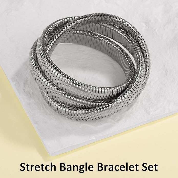 Emibele Gold Bangles Bracelet Set for Women, 18K Gold Plated Chunky Stainless Steel Non Tarnish Stretch Bracelet Stack, Flexible Wide Wristband Bangle Layered Snake Chain Bracelets