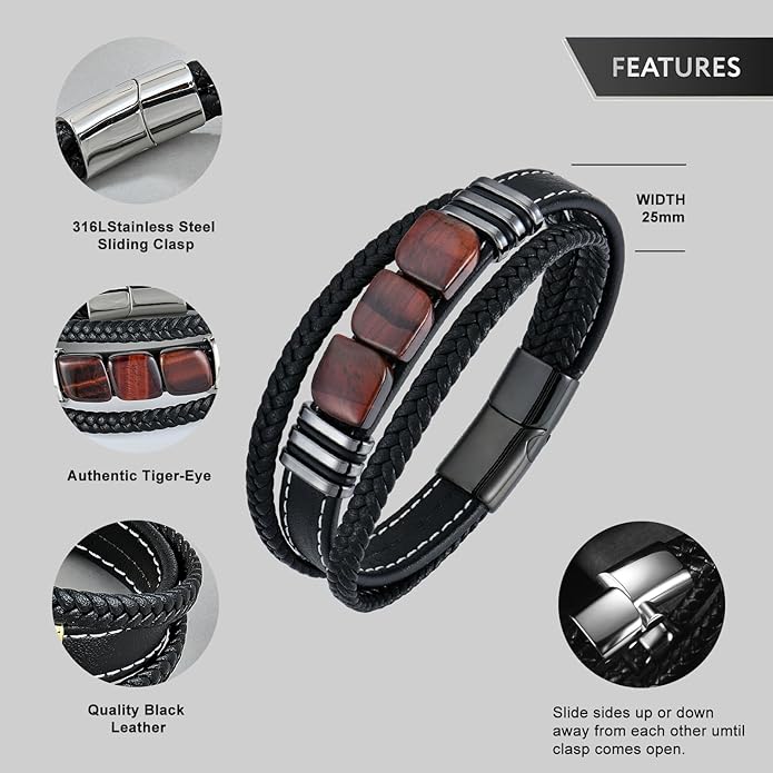 STARCHENIE Multi Strand Bracelet for Men Square Authentic Tiger Eye Black Braided Leather Mens Bracelet and Stainless Steel Buckle