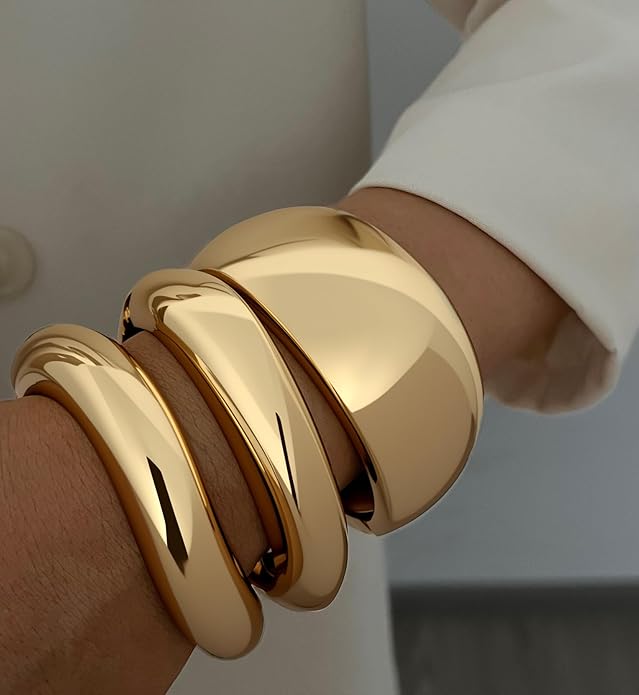 Chunky Gold Bangle Bracelets for Women, 14k Dainty Gold Cuff Stackable Bracelet Set, Trendy Bracelet Stack Fashion Jewelry Gifts